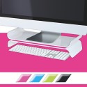 Podstawka pod monitor różowa Leitz, na dole wybór kolorów, a na podstawce monitor.