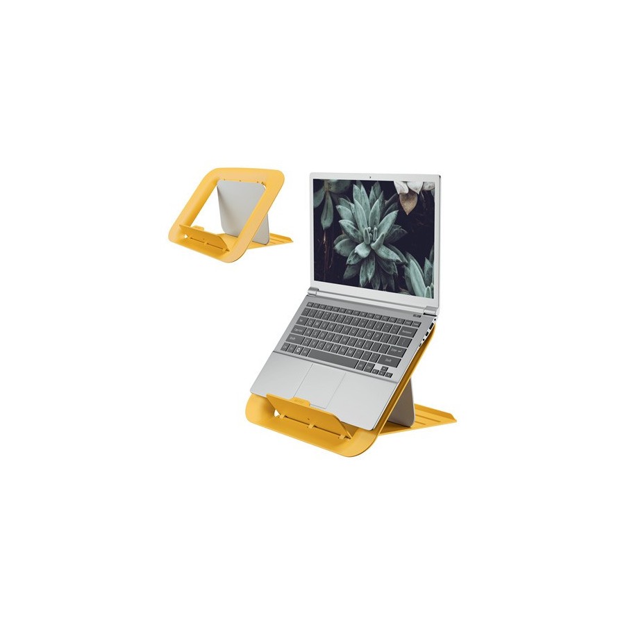 Laptop z tapetą z sukulentem, na żółtej podkładce Leitz Cosy obok pokazana sama podstawka.