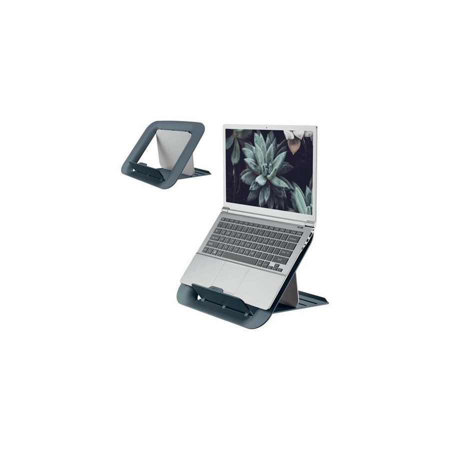 Laptop z tapetą z sukulentem, na szarej podkładce Leitz Cosy obok pokazana sama podstawka.