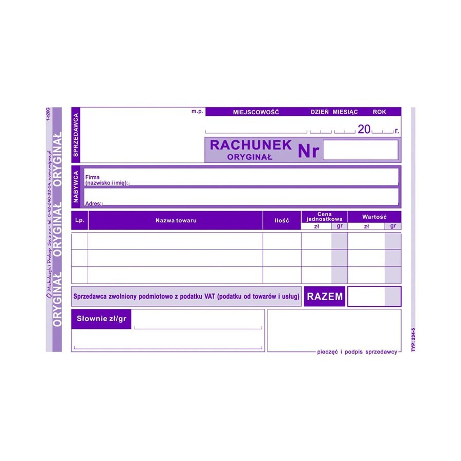 234-5 rachunek dla zwolnionych podmiotowo z VAT