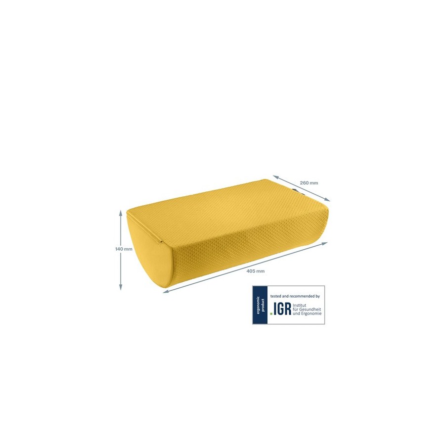 Żółty podnóżek ergonomiczny Leitz Ergo Cosy z naniesionymi na zdjęcie wymiarami.