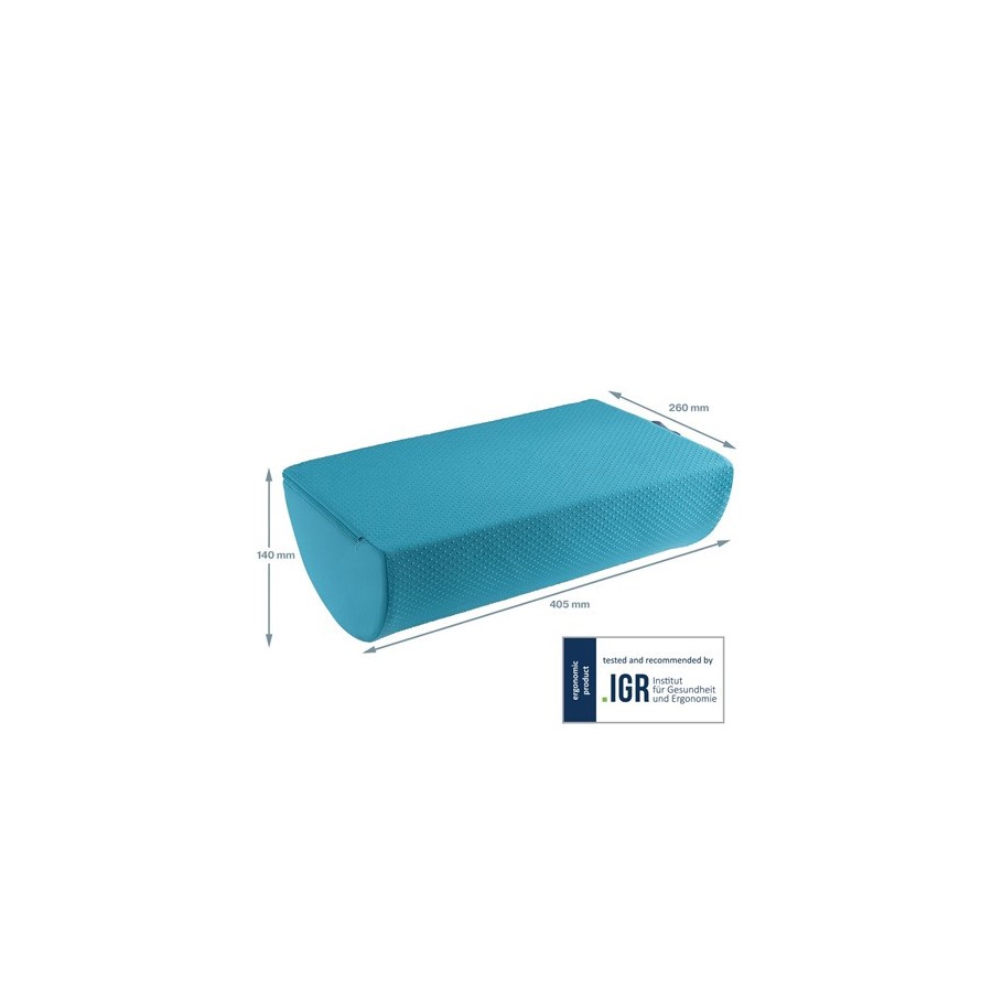 Niebieski podnóżek ergonomiczny Leitz Ergo Cosy z naniesionymi na zdjęcie wymiarami.