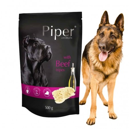 Pies obok saszetki z karmą Piper z żołądkami wołowymi