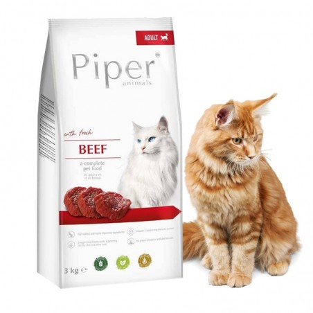 Kot siedzi obok karmy 3kg suchej z wołowiną Piper
