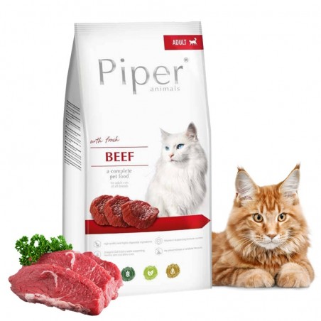 Kot leży obok karmy 3kg suchej z wołowiną Piper