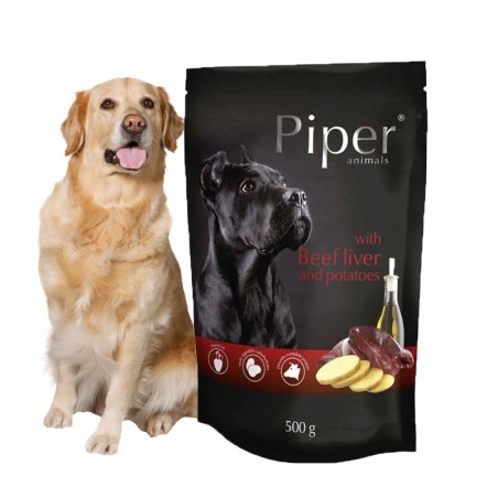 Zadowolony pies obok karmy  Piper z wątrobą wołową
