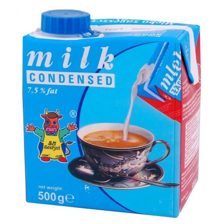 Kartonik mleko skondensowane SM Gostyń, na opakowaniu krówka i filiżanka z kawą.