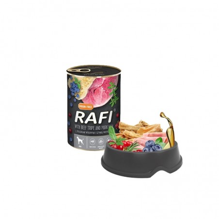 Składniki w misce karmy Rafi z żołądkami wołowymi i szynką