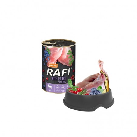 Karma dla psa Rafi z królikiem 400g i miska z jej składnikami