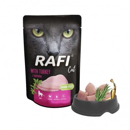 Saszetka Rafi z indykiem dla kota  obok miska ze składnikami