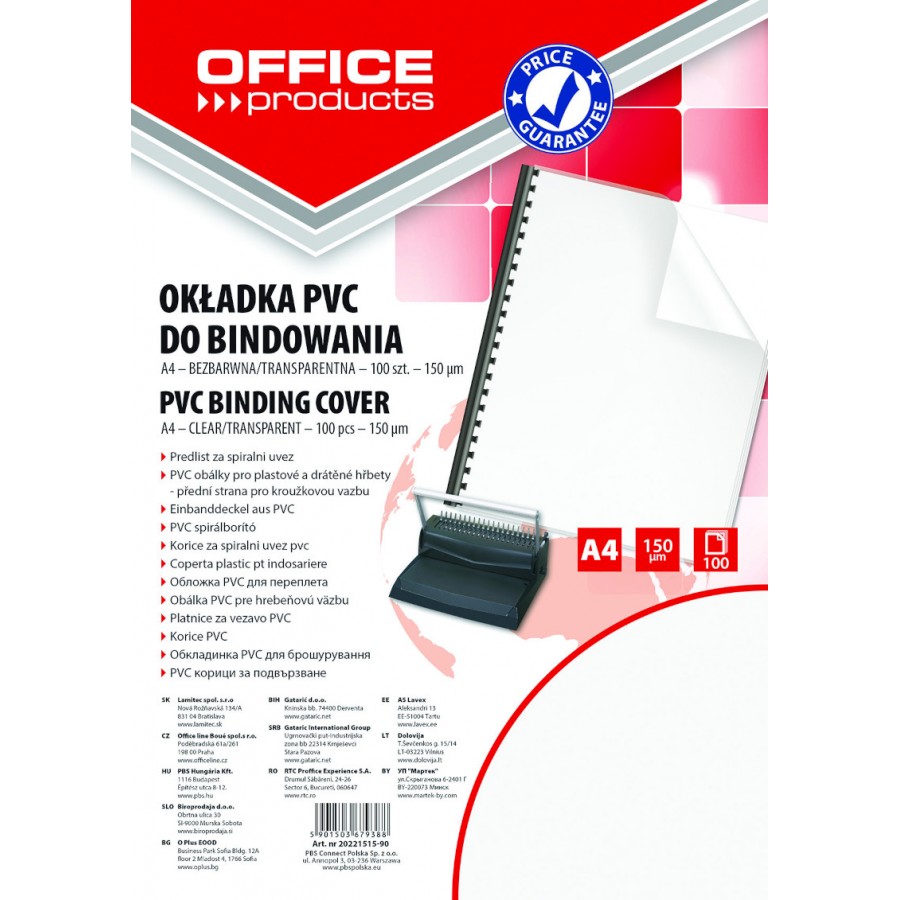 Okładki do bindowania A4 OFFICE PRODUCTS 150 mic, transparentne 100szt.