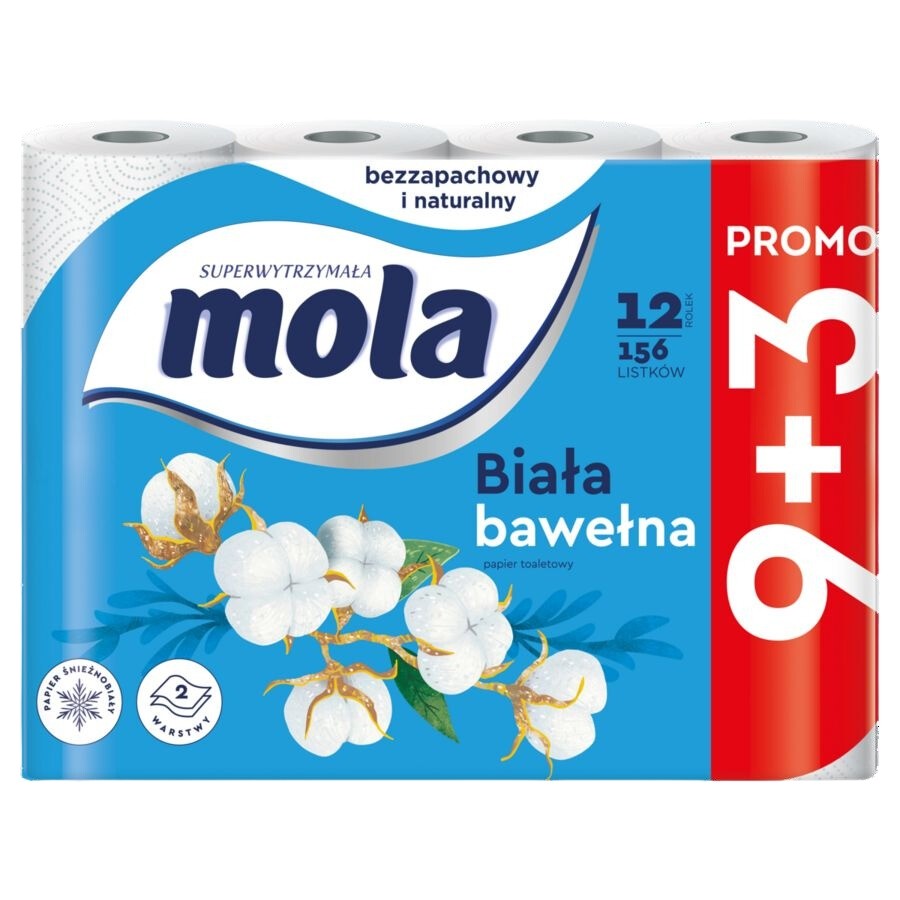 Papier toaletowy 2-warstwowy 12 rolek Mola Biała Bawełna