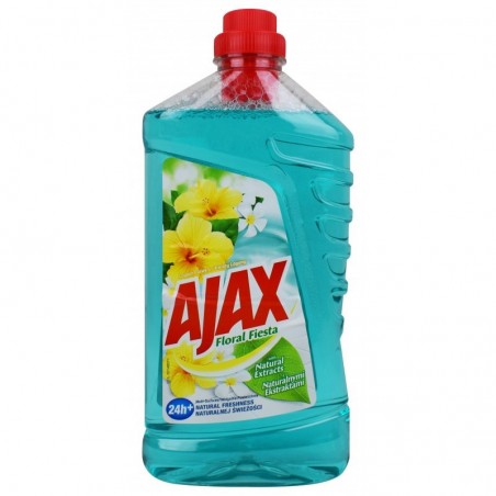Niebieska butelka płynu uniwersalnego do mycia Ajax Floral Fiesta.