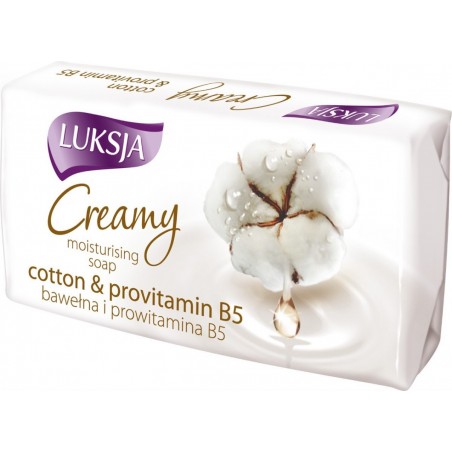 Opakowanie mydło w kostce Luksja Creamy o zapachu bawełny.
