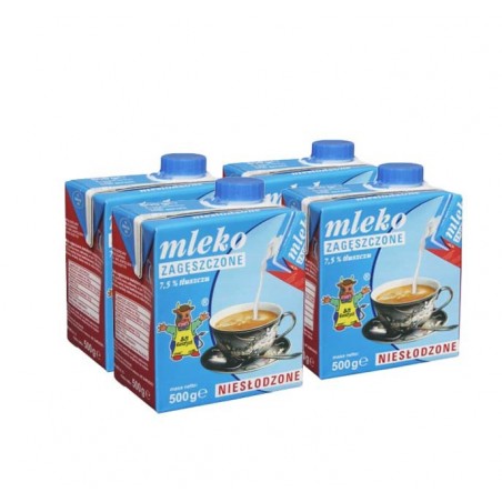 4 kartoniki mleka skondensowanego SM Gostyń, na opakowaniach krówki i filiżanki z kawą.