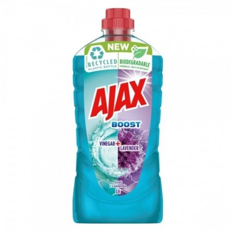 Niebieska butelka płynu uniwersalnego do mycia Ajax Boost.